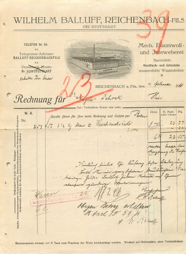 73262 Reichenbach Fils Weberei Wilhelm Balluff letterhead with factory view 1931