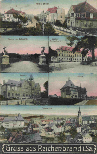 Reichenbrand, Chemnitz, Saxony – multi-view postcard, postmarked July 23, 1945; Hitler stamp with "Paid" (Bezahlt) cancellation from Siegmar-Schönau. Nevoigt-Strasse: A view of villas and the street in the town. Overall view: A panoramic view of Reichenbr