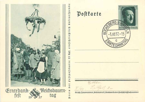 Reichsbauerntag 1937 postal stationery 6 Pfennig Hitler special cancellation Buckeberg Thanksgiving Day 3.10.1937
