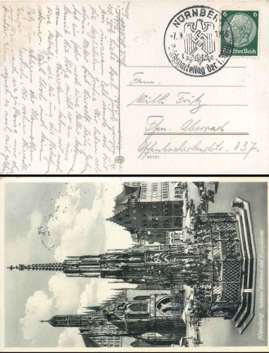 Nuremberg Nazi party rally of the NSDAP September 7th, 1936 special stamp on postcard
