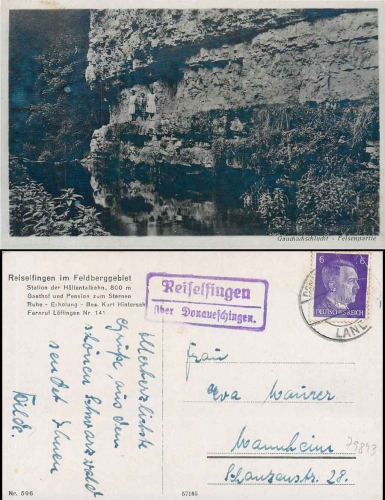 79843 Reiselfingen via Donaueschingen country postmark on postcard o 27.6.1942