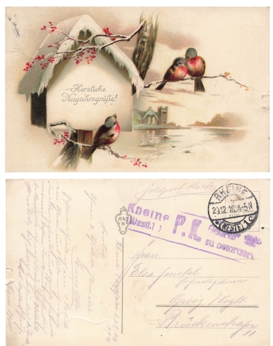 Rheine Censorship P.K. Inspected and to be transported o December 29, 1916 on New Year's card