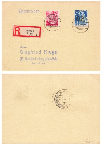 Rheinland-Pfalz 45 und 75 Pfennig auf Einschreiben o Mainz 1 18.7.1947 nach Bad Blankenburg