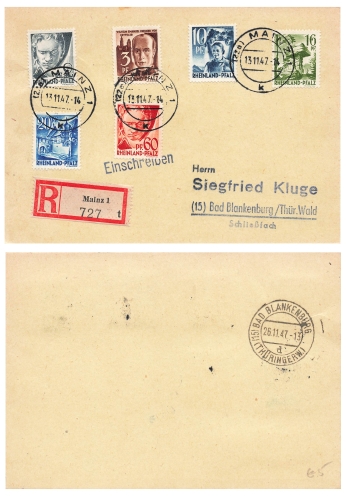 Rhineland-Palatinate by registered mail o Mainz November 113, 1947 to Bad Blankenburg