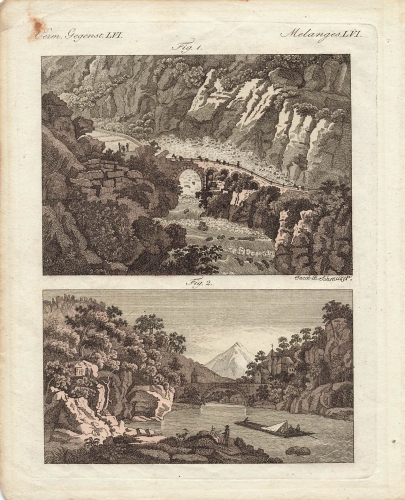 Rhone Bridge to St. Moritz and the Devil's Bridge on the St. Gotthard original copper engraving around 1790