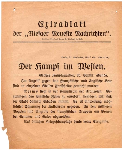 Riesaer Latest News extra sheet "Battle in the West" 1.WK 17.9.1914
