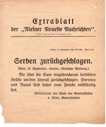 Riesaer Neuste Nachrichten Extrablatt Serben zurückgeschlagen 1.WK  19.9.1914