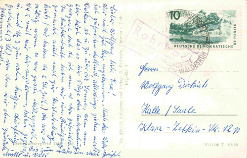 Rohrbach Thüringer Wald unterer Ort Landpoststempel Rohrbach über Sitzendorf o 1957