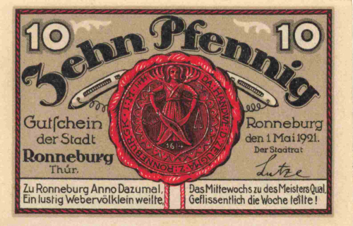 07580 Ronneburg Thüringen Notgeldschein 1921