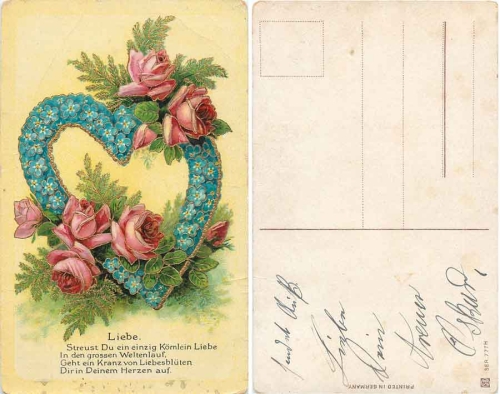 Red roses with forget-me-not-heart gold-edged card used. circa 1910