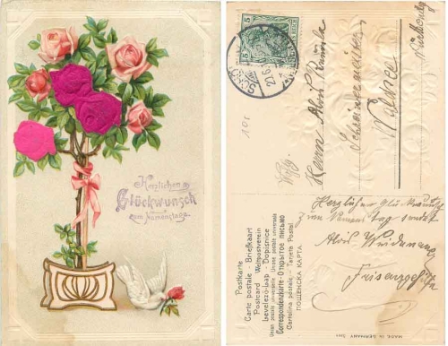 Rosenstrauch mit Taube Namenstag Prägekarte mit Stoffablikation o 20.6.1910
