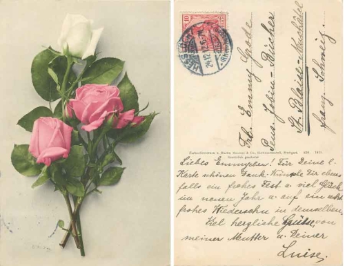 Rosenstrauß mit weißer und rosafarbenen Rosen, o 24.12.1912