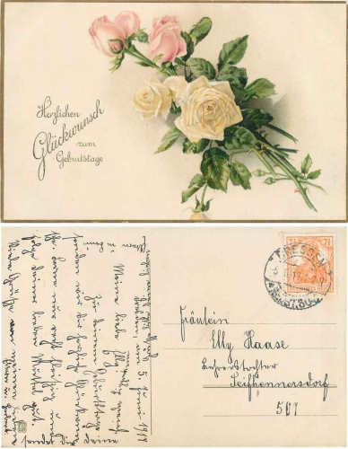 Rosenstrauß mit gelben und rosafarbenen Blüten Geburtstagskarte o 5.6.1917