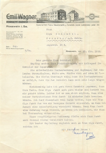04741 Rosswein Saxony Corset Factory Emil Wagner letterhead with factory view 1938