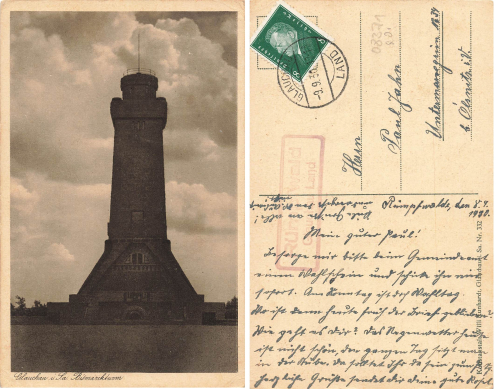 08371 Rümpwald Landpoststempel o 9.9.1930 auf AK Glauchau Bismarckturm