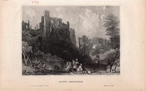 Ruin Henneberg Thuringia original steel engraving around 1850 