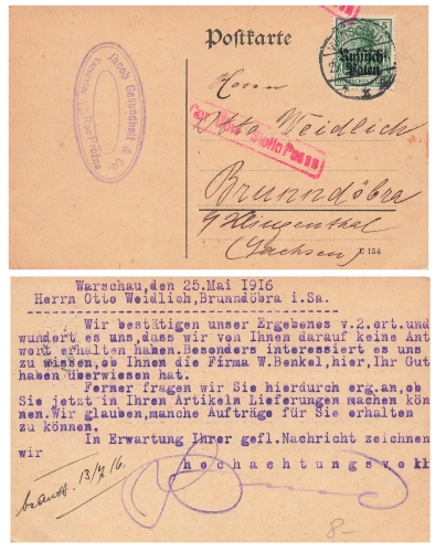 Russian Poland 5 Pfennig Germania on card o Warsaw 25.5.1916