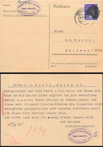 Dresden Saxon blackening postcard with Hitler 6 Pfennig o Dresden 18.6.1945 to Meissen