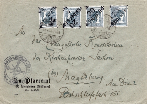 SBZ district hand stamp District 20 OPD Halle Halberstadt Multiple franking on cover to Magdeburg July 10, 1948