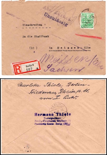 SBZ Michel 181 District handstamp 3 Berlin 8 on 84 Pfennig R-Brief o Berlin W8 1.7.1948