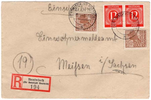 SBZ Mecklenburg-West Pomerania 2 x Michel 37 on R letter o Bentwisch March 8th, 1946 to Meissen