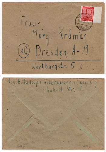SBZ West Saxony Michel 119y edge piece single franking on cover o Holzhausen 10/18/1945 to Dresden