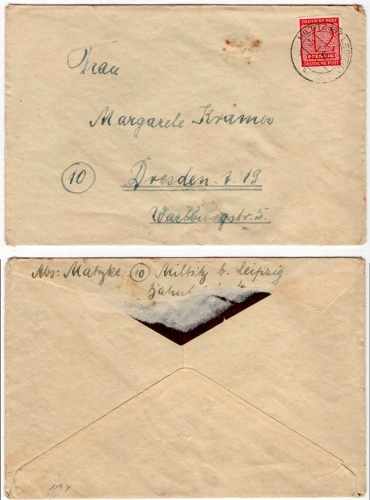 SBZ West Saxony Michel 119y single franking on cover o Miltitz 9.1.1946 to Dresden