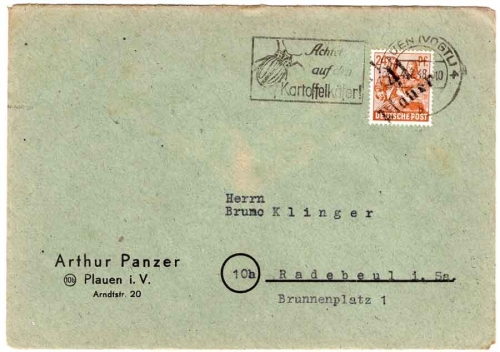 SBZ Michel 174 district handstamp 41 Plauen on 24 Pfennig letter o Plauen (Vogtl) 4 4.7.1948