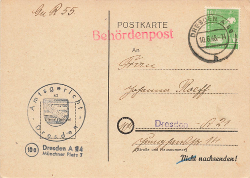 SBZ Michel 185 single franking on local map authority post o Dresden A24 August 20, 1948