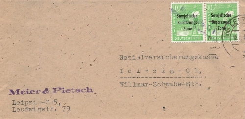 SBZ Michel 185 waagerechtes Paar auf Ortsbrief violetter Stempel in Leipzig C1 nachträglich entwertet