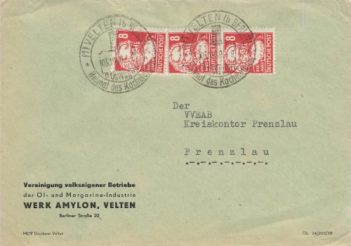 SBZ Michel 214 Karl Marx Mehrfachfrankatur o Velten 3.10.1950 nach Prenzlau
