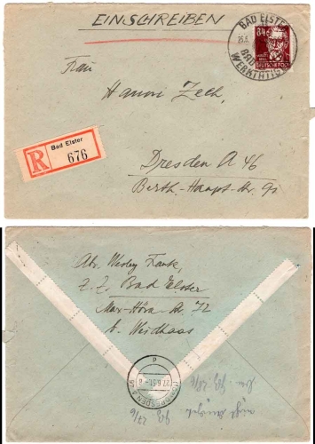 SBZ Michel 227 single franking on registered letter o Bad Elster 25.6.1951 to Dresden