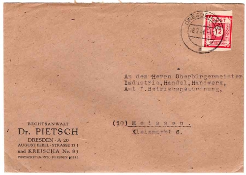 SBZ Michel 46A 12 Pf number series single franking on cover o Dresden A16 02/18/1946 to Meissen