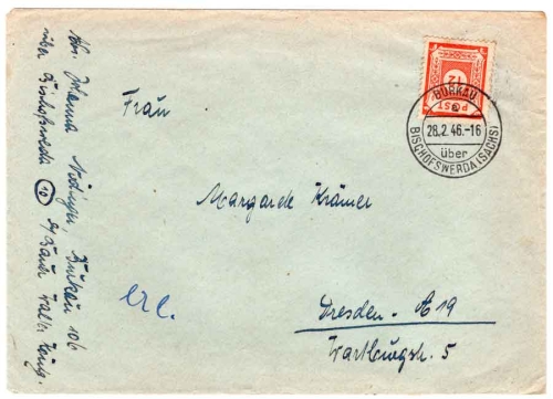 SBZ Michel 60 12 Pfennig number series on cover from Burkau via Bischofswerda 02/28/1946 to Dresden