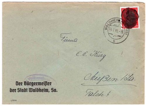 SBZ OPD Dresden Hitler's head blackening Michel AP 788 II 12 pfennigs on cover o Waldheim 14.7.1945 to Meissen