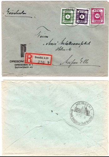 SBZ Ost-Sachsen Michel 43A 44A 50A on R-Brief o Dresden 13.7.1945 to Meissen