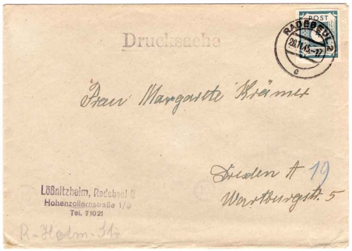 SBZ East Saxony Michel 53 printed matter o Radebeul 2 26.11.1945 to Dresden