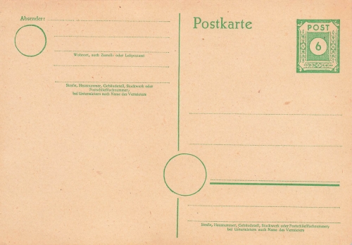 SBZ East Saxony number series postal stationery 6 Pfennig green 1945 *