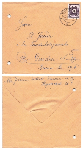 SBZ Ost Sachsen Ziffernserie Post Michel 44A Ortsbrief o Dresden A29 24.12.1945