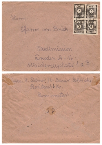 SBZ Ost Sachsen Ziffernserie Post Michel 51 viererblock auf Brief o Lommatzsch 21.2.1946