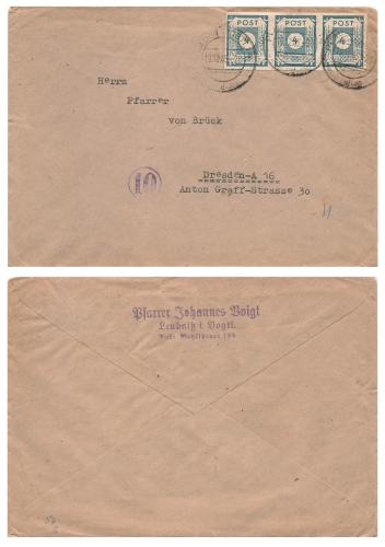 SBZ Ost Sachsen Ziffernserie Post Michel 53 waagerechter dreierstreifen auf Brief o Leubnitz Vogtland 19.12.1945