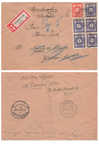SBZ Ost Sachsen Ziffernserie Post Michel  58 60 auf R-Brief o Dresden A46 7.2.1946 nach Neuss