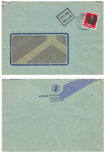 SBZ RPD Chemnitz AP 788 I paid with fee Stamp Hitler head blackening Chemnitz July 19, 1945
