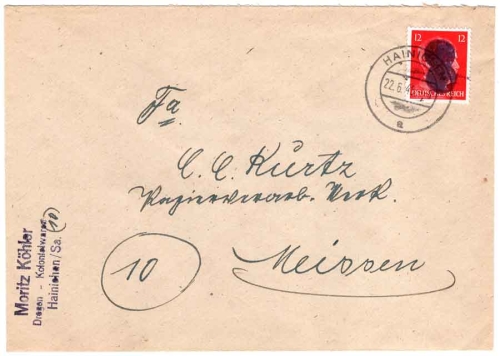 Hainichen Saxon blackening 12 Pfennig Hilter on cover o Hainichen 06/22/1945 to Meissen