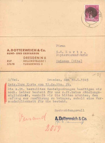 Blackening of Hitler's head 6 Pfennig on card Farbenfabrik Dotterweich o Dresden N24 June 19, 1945 to Meissen