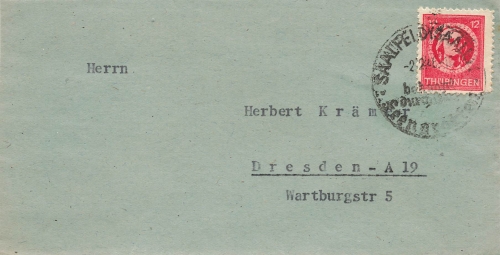 SBZ Thüringen Michel 97A 12 Pfennig Friedrich Schiller Einzelfrankatur o Saalfeld 2.2.1946