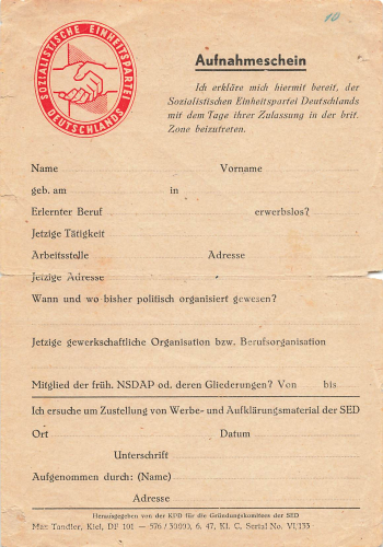 SED admission certificate for the British zone around 1946