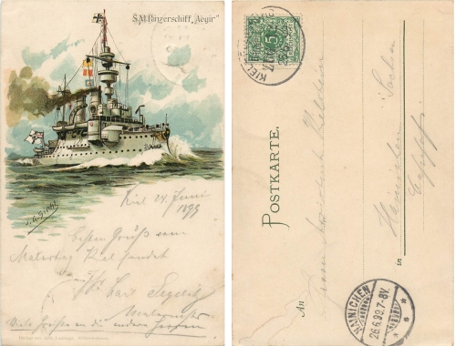 S.M. Battleship Aegir German Navy Litho artist card Siehl June 25, 1899 ​​​​​​​Railway postmark Kiel-Flensburg train 12