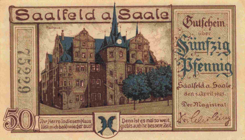 Saalfeld, Thuringia emergency money note, 1923