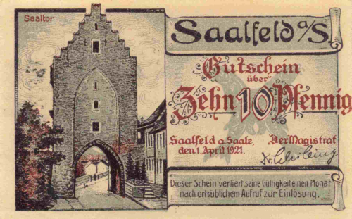 Saalfeld, Thuringia emergency money note, 1921